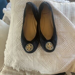 Tory Burch Navy Flats with Gold Emblem
